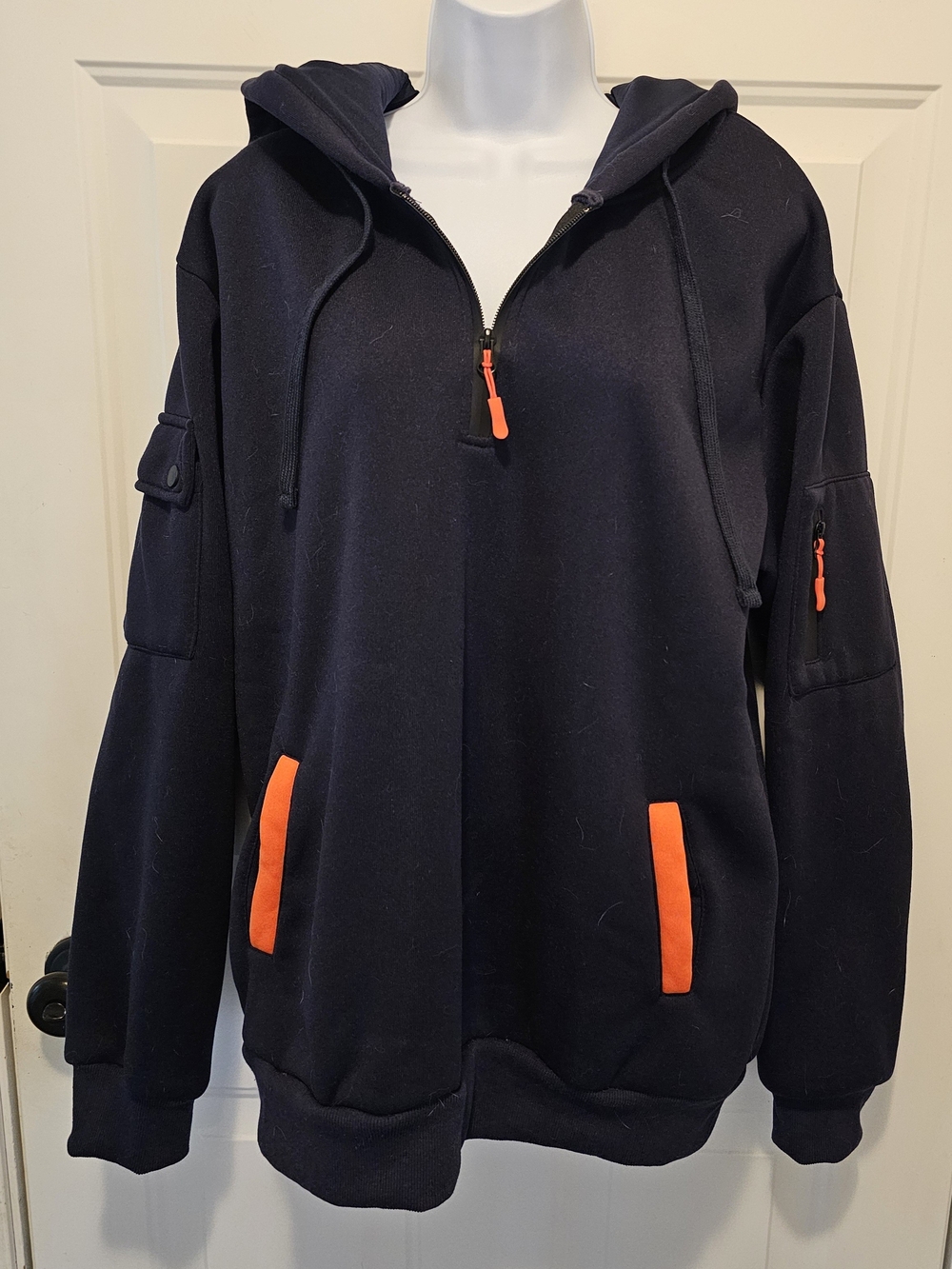 Men's L Navy Blue Half Zip Fleece Hoodie Lined Hood Tactical Pockets NWOT